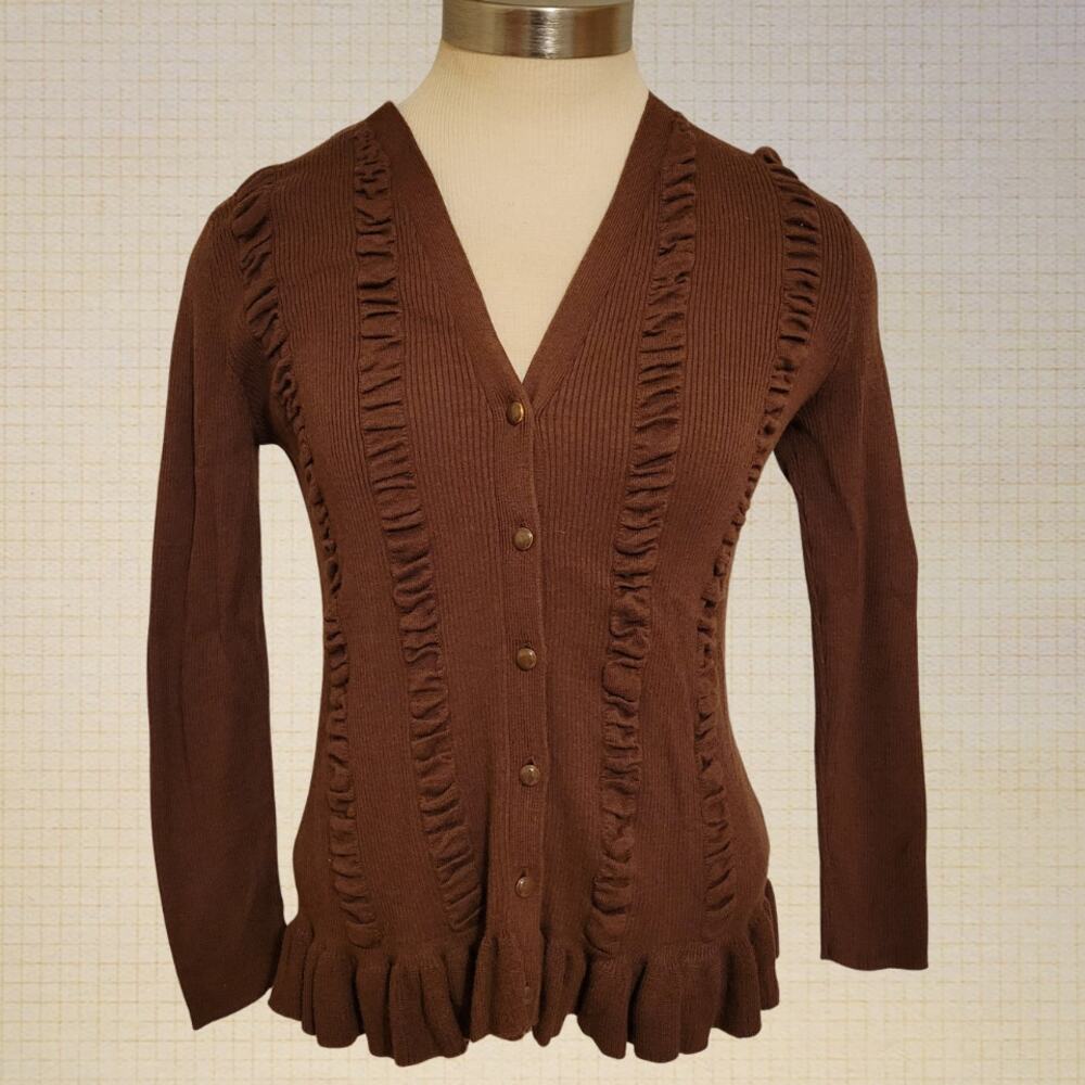 Y2K Dark Academia Ann Klein Ribbed Cotton Blend Ruffled Cardigan Medium Brown